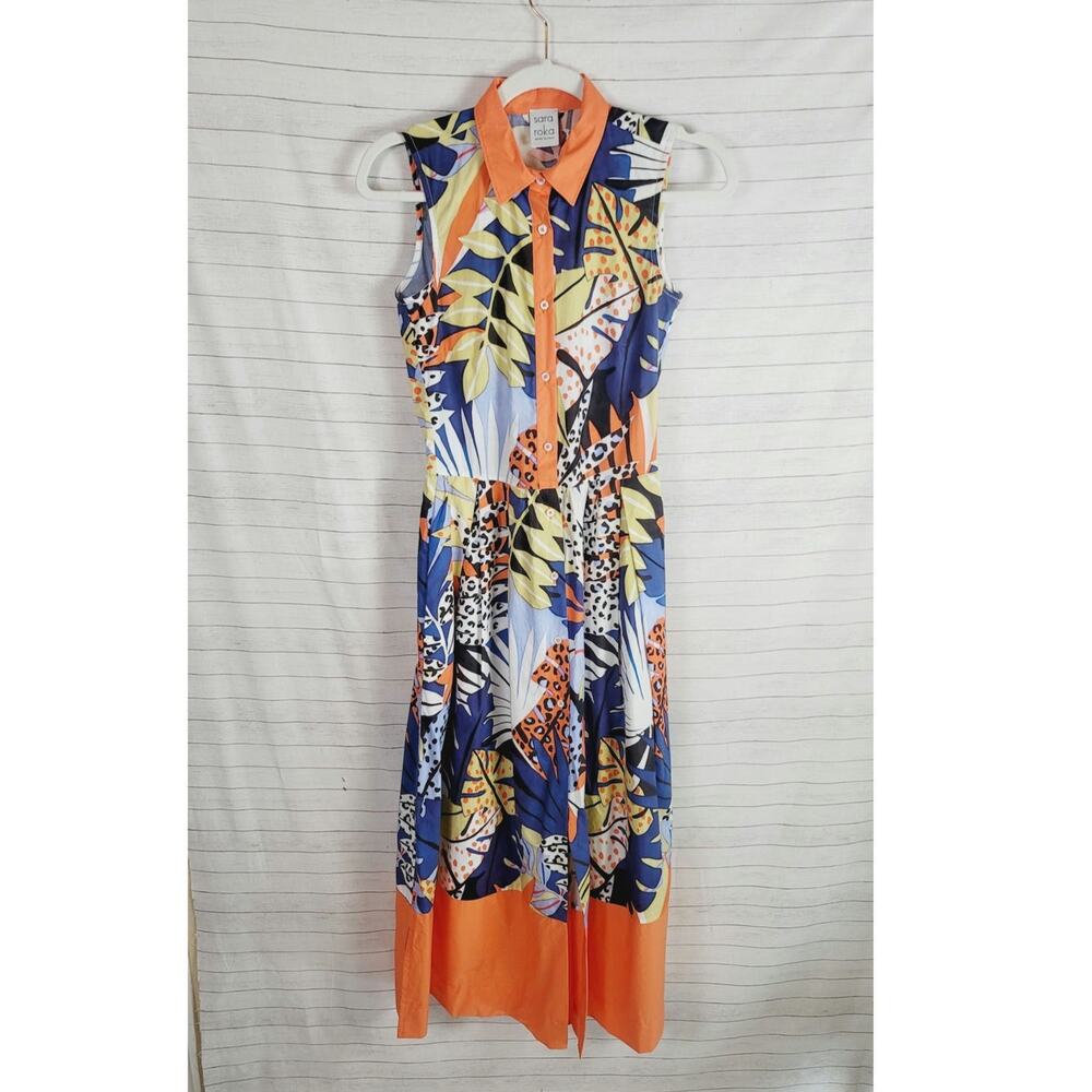 SARA ROKA ZAILEE MIDI BUTTON DOWN SHIRT DRESS IN BRIGHT ORANGE FLORAL, SZ XS